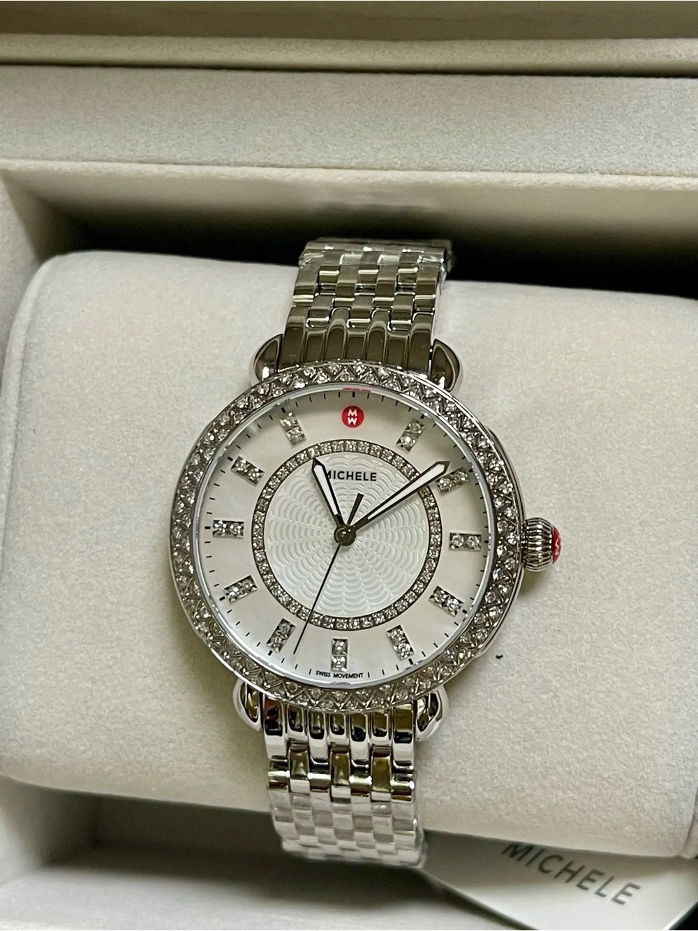 Michele Sidney Classic Stainless Steel Diamond  Women's Watch NEW
